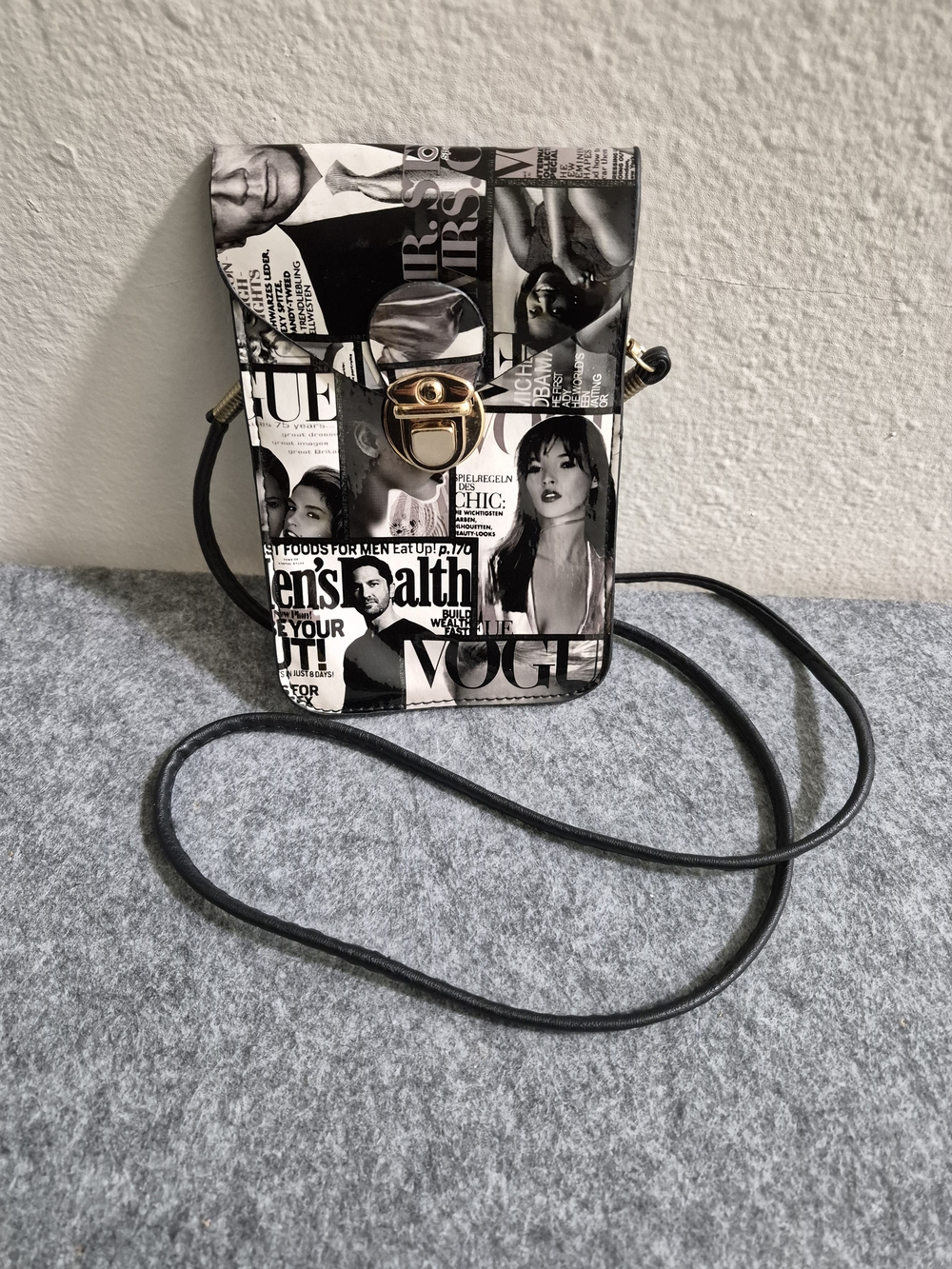 Magazine-Print Crossbody with Gold Clasp